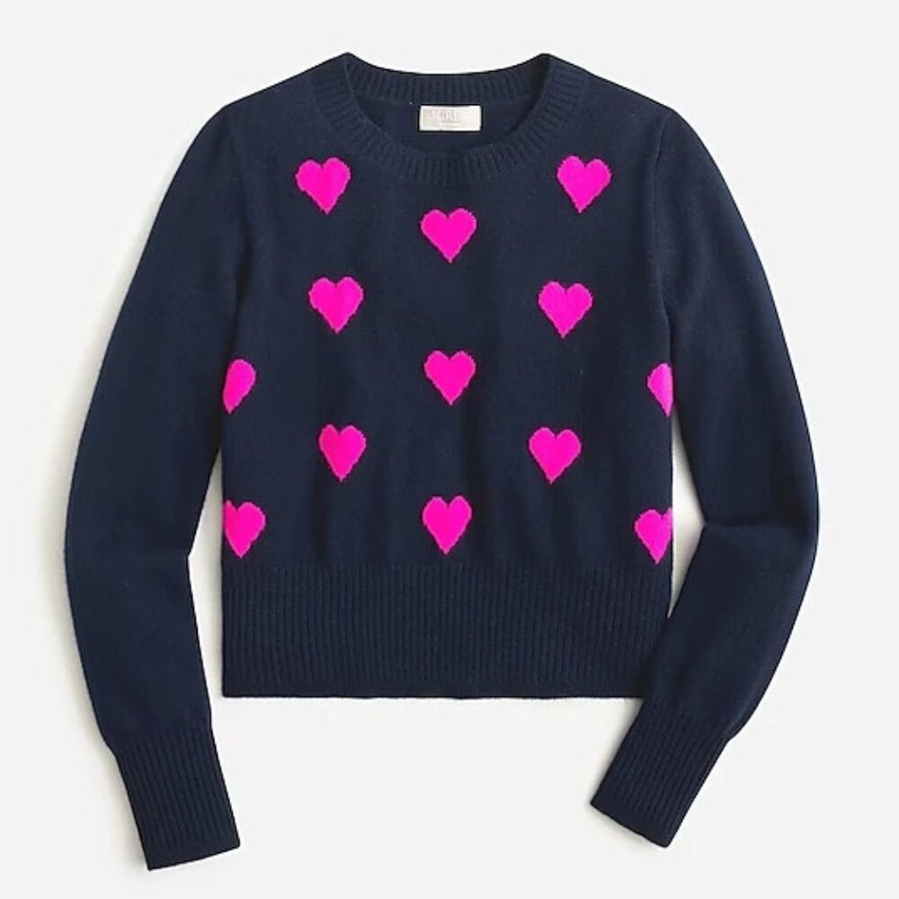 NWT J.Crew Cropped Cashmere Crewneck Sweater in Navy Fuchsia Heart Print S